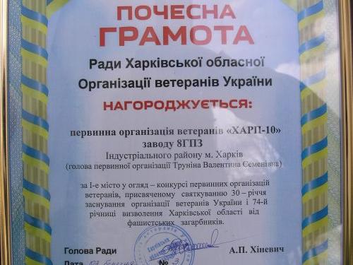 Клуб ветеранов ХАРП «Патриот» признан лучшей первичной организацией ветеранов Индустриального района г. Харьков 